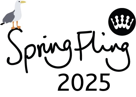 above the words Spring Fling Brighton and Hove 2025 stands a seagull top left and the RSCDS crown symbol top right